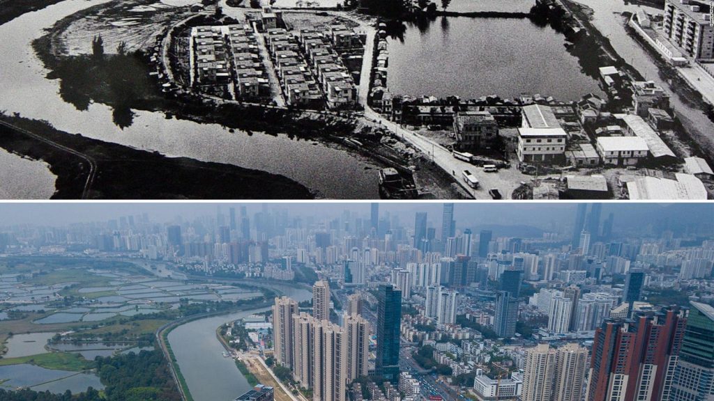 Birds eye view of Shenzhen from the 1970's, in contrast with a colour photo from the present