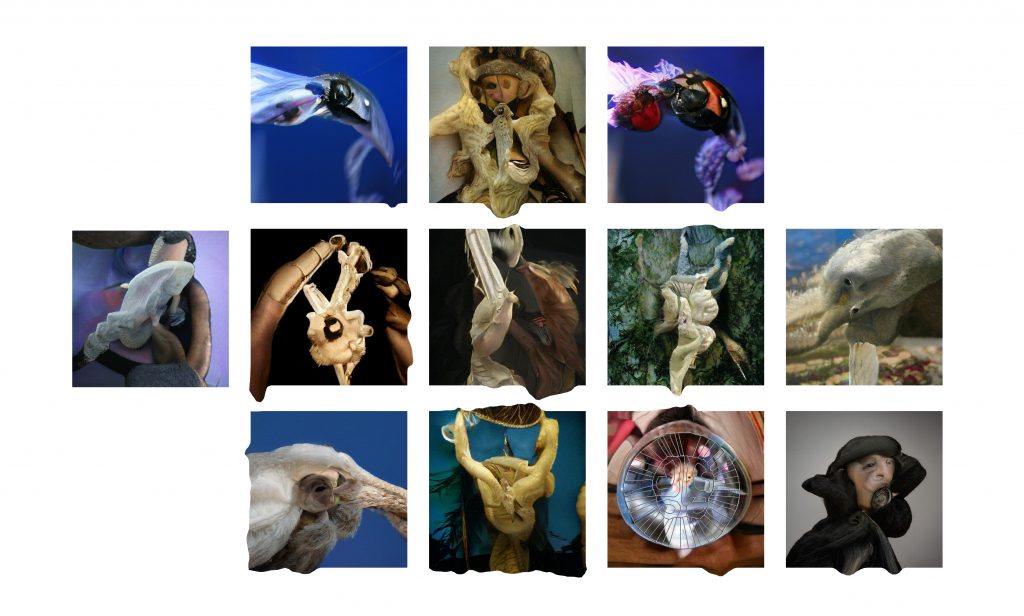 A grid of images generated by an AI. These look organic and painterly, some look like they have insect body parts, fur, mouths and eyes mashed together creating formless mutants.