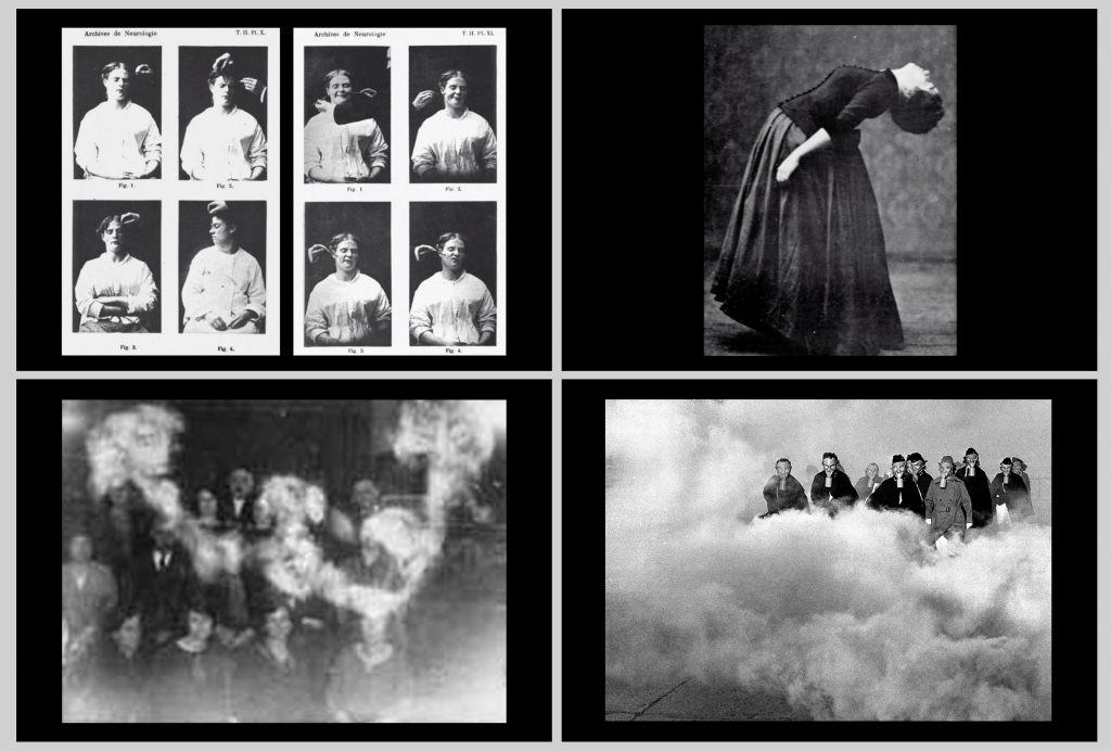 Four black and white images from Angela Su's film 'Mesures et Demesures'. Top left corner: four portraits of women in eight frames are having tests taken from skin and ears. Top right corner: a woman bends over backwards, wearing a long billowing skirt and bodice shirt (Victorian era). Bottom left: a blurry photo shows people sat in two rows posing for a photo. Bottom right: a group of people stand as though in the clouds, floating. 