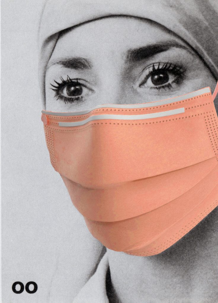 Black and white photo showing a woman's face. Superimposed is an orange facemask. Only her eyes are visible. On the bottom left are the letters "OO"t ar