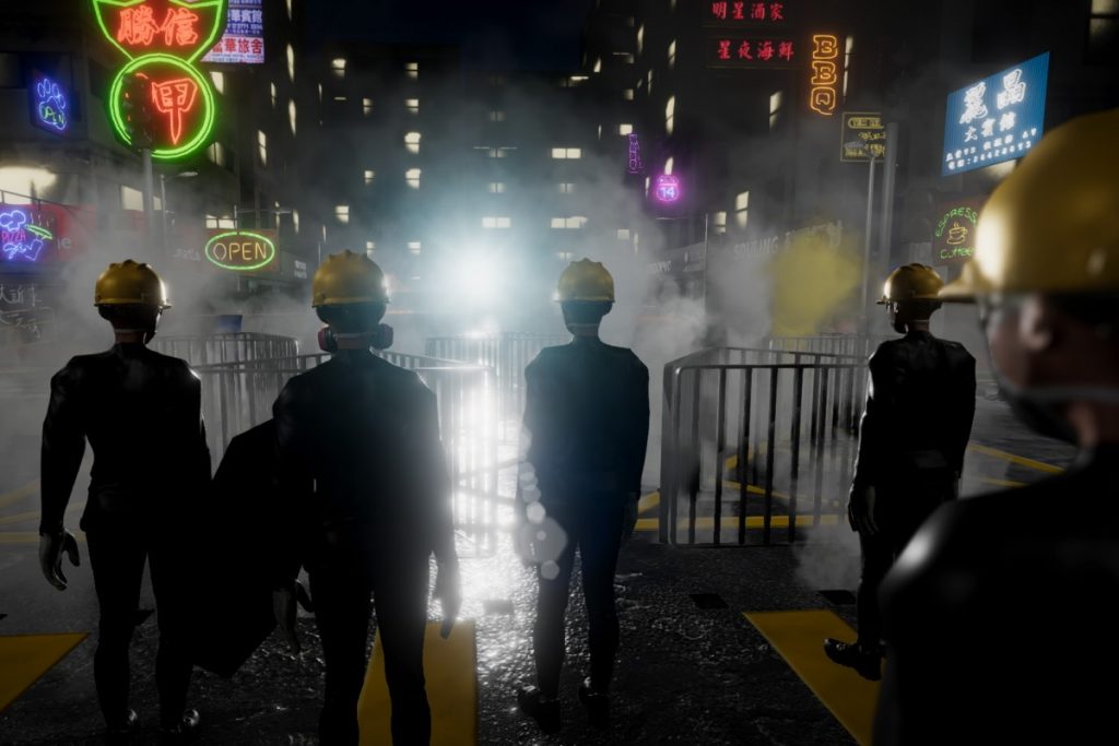 A night scene in a home-made VR game by Hong Kong activists. Protesters stand behind a barricade as police deploy tear gas. The barricade is made with metal barriers dismantled from the sidewalk. The protesters with yellow helmets and gas masks stand in the foreground  with their backs facing the audience. The barricade is in the mid-ground. The cityscape of Hong Kong with neon signs and high rises are the backdrops of this scene.