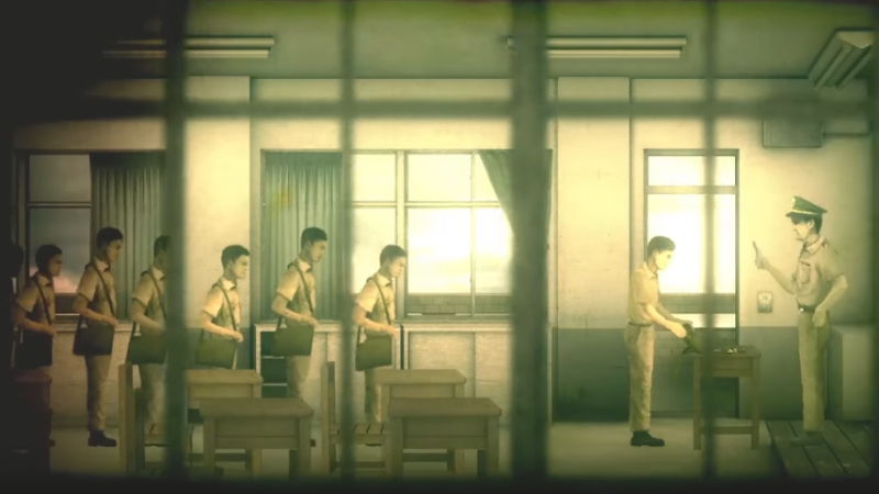 Another scene from the game. The point of view of the audience is from a window of a classroom. The grill of the window resembles the grill of a prison cell. The light is warm, soft and diffused. 7 male students, heads down, carrying school bags queue up behind some desks. The student at the head of the queue opens his bag for inspection by a police officer.