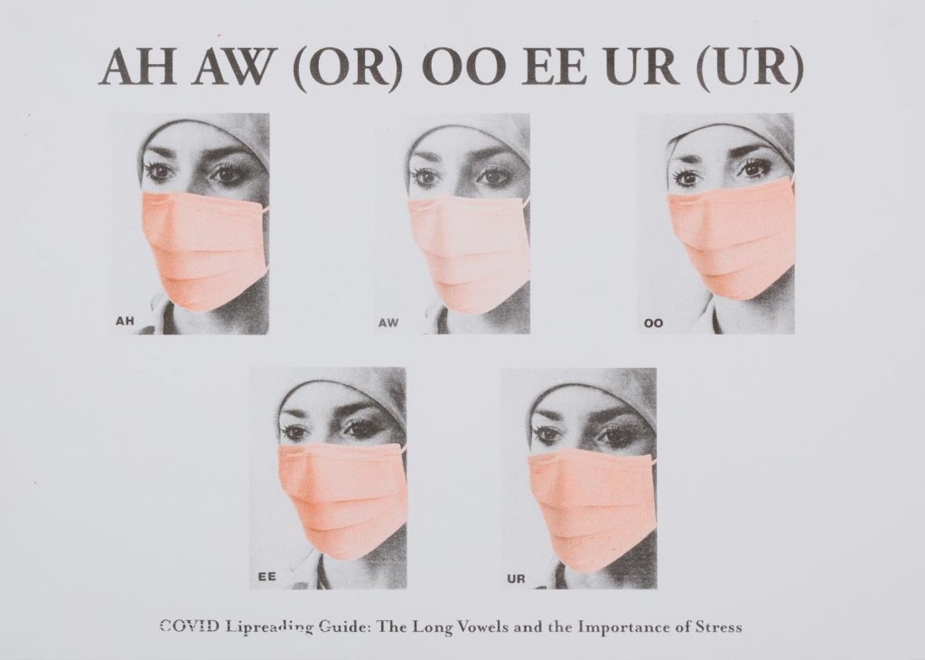 Black and orange print on off-white background. Five photographs of a woman’s face with text above and below.