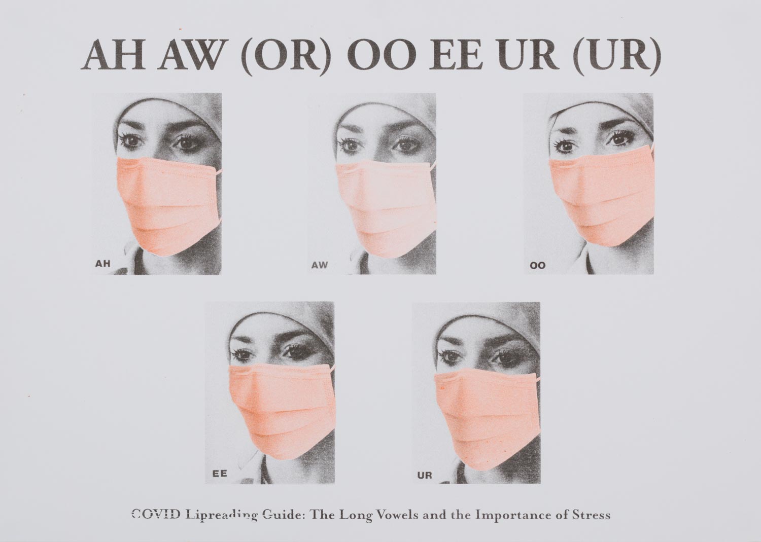 Black and orange print on off-white background. Five photographs of a woman’s face with text above and below.