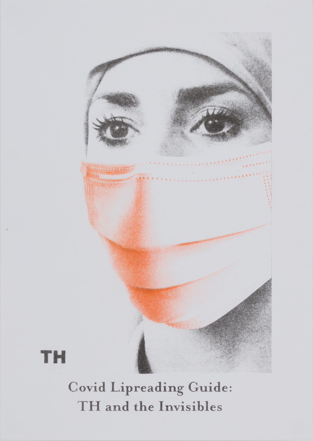Black and white portrait of a woman’s face, her nose and mouth covered by a mask printed in orange, with black text below.