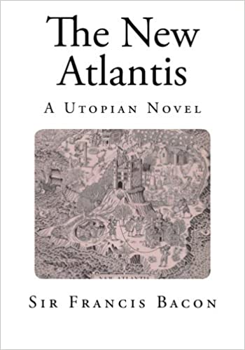 The book cover of The New Atlantis by Sir Francis Bacon. It has tiny image of an island surrounded by the sea and the settlement in the center with several human holding high tech objects (relevantly high tech for the time 1626, something like phone or so...)