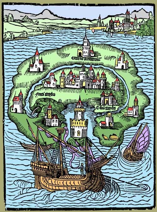 This is an image of the book cover of Sir Thomas More's Utopia. It's an island surrounded by water with several settlements in the center and a ship in the bottom.