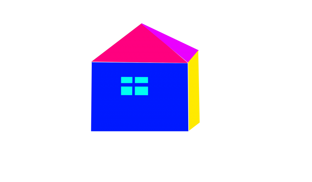 A house with different colored wall and roof. The blue wall with a window, another wall is yellow. The roof is pink and cyan.