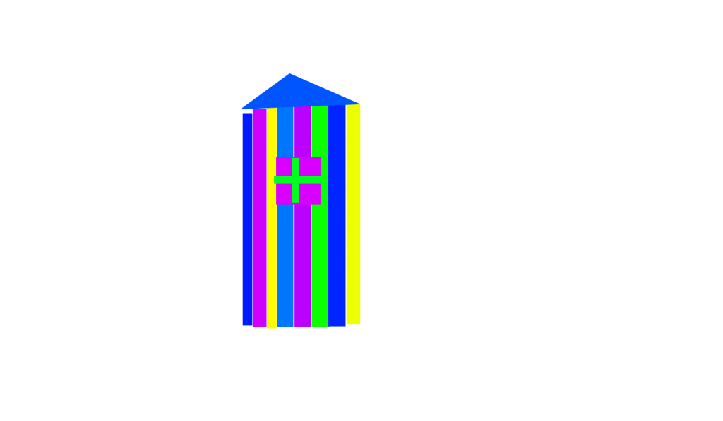 A house made by multiple stripes with different colors, with blue, purple, green, yellow, cyan and green and there's a window in center. It looks taller compare to the previous picture.