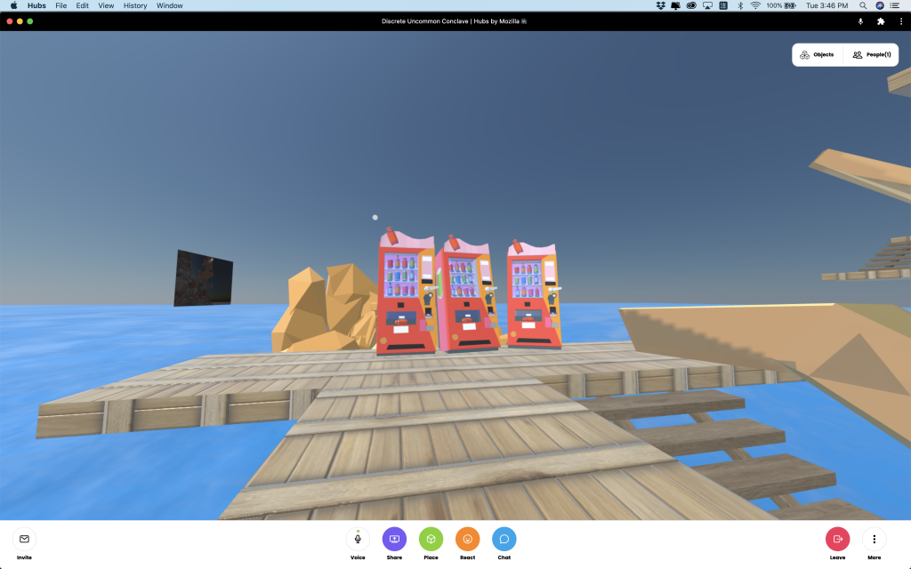 This is a screen shot. Three red/ pink vending machine lined up on the wooden board. 