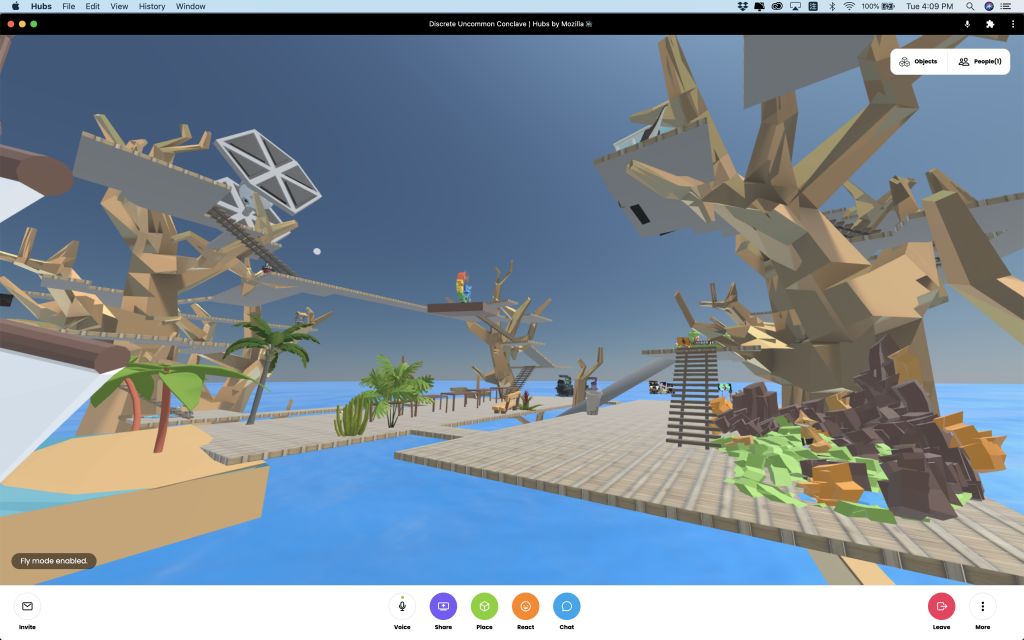 This is a screen shot. The other angle of the utopia. Several trees with connected wooden board. The utopia had some trees and natural landscape. Must be artificial.