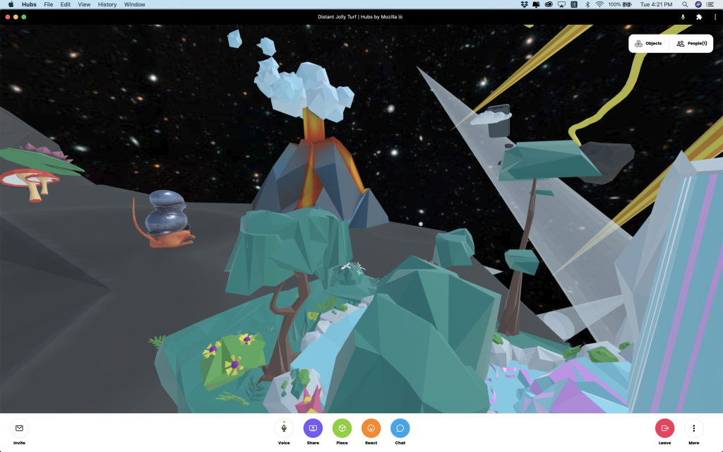 Screen shot. Back to the space. A volcano in the center back. A weird space dog like animal on the left. On the front is a waterfall with some green trees.