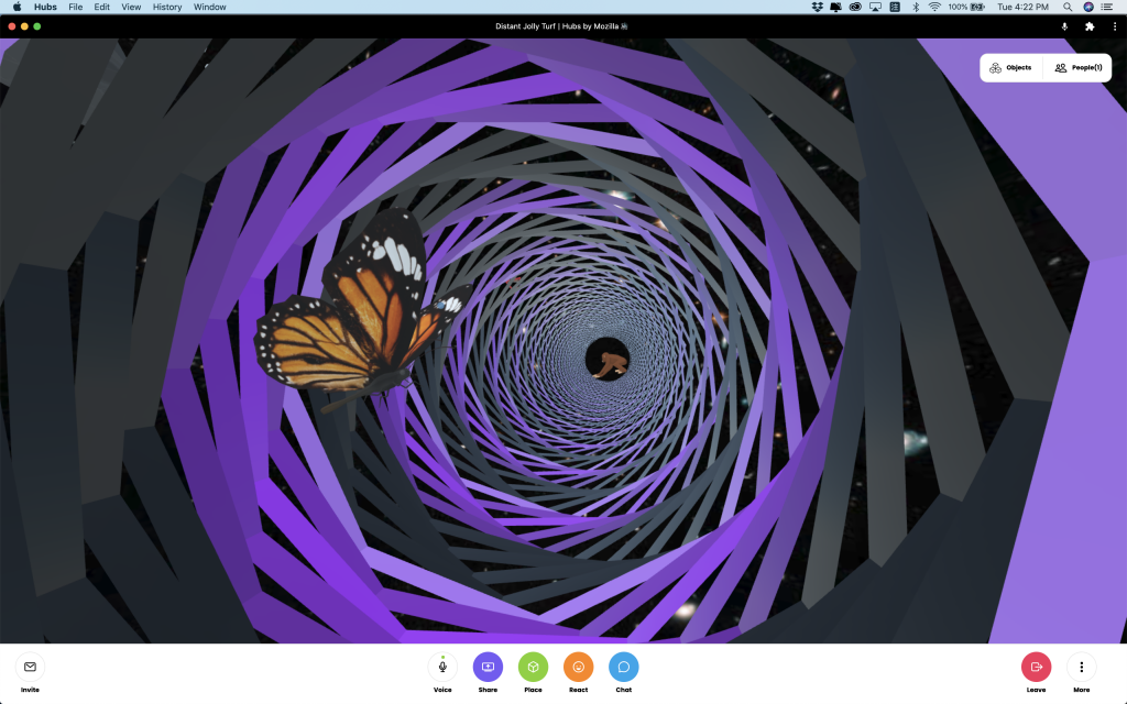 Screen shot. A time travel portal like spiral tunnel in purple and black. With an orange butterfly in the middle and an ape at the further side.