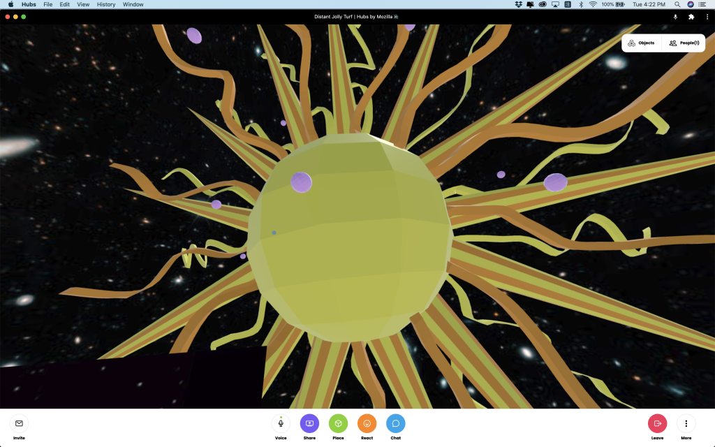 Screen shot. The big sun. It has extended rays floating in yellow and orange with some purple dots floating too.