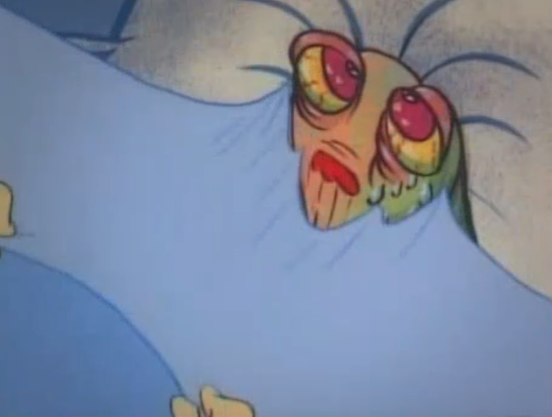 A screenshot from the cartoon The Ren and Stimpy Show. Ren is a small and hairless chihuahua dog with beige skin, pink eyes and floppy long pink ears. Stimpy is red/orange Manx cat with a white tummy and hands, wth a round blue nose and a pink tongue often hanging out of his mouth. In this screenshot we are stood over Ren's bed, his eyes are yellow and bloodshot, with many bags around them and his face is turning greenish with some drips of sweat flowing down from his left eye. Stimpy's white hands are just visible at the edge of the shot as if they are our own, peeling and stuck down blue bedsheet from Ren's face. 