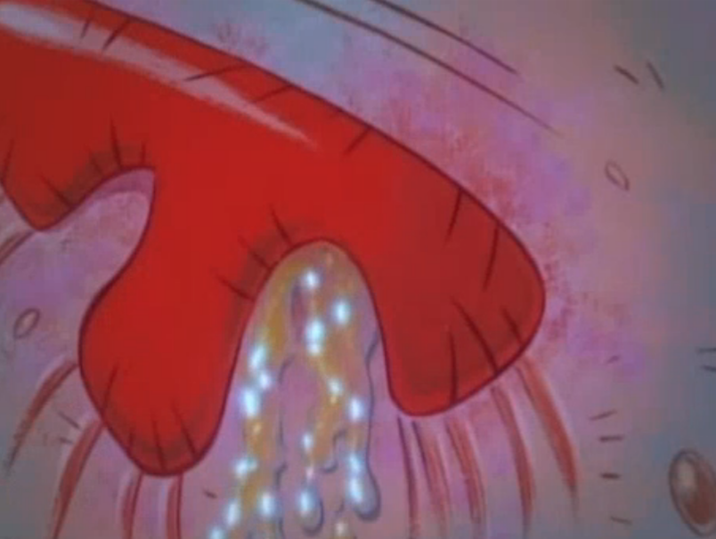 A screenshot from the cartoon The Ren and Stimpy Show. Ren is a small and hairless chihuahua dog with beige skin, pink eyes and floppy long pink ears. Stimpy is red/orange Manx cat with a white tummy and hands, wth a round blue nose and a pink tongue often hanging out of his mouth. In this screenshot is a close up of Ren's red nose and pink skin, the nose has a glistening liquid flowing from the right nostril. 