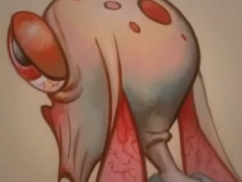 A screenshot from the cartoon The Ren and Stimpy Show. Ren is a small and hairless chihuahua dog with beige skin, pink eyes and floppy long pink ears. Stimpy is red/orange Manx cat with a white tummy and hands, wth a round blue nose and a pink tongue often hanging out of his mouth. In this screenshot we see the back of Ren's head, his eyes and ears are bloodshot and veiny and red, he has red spots on the crown of his head and he looks sad and fed up. 