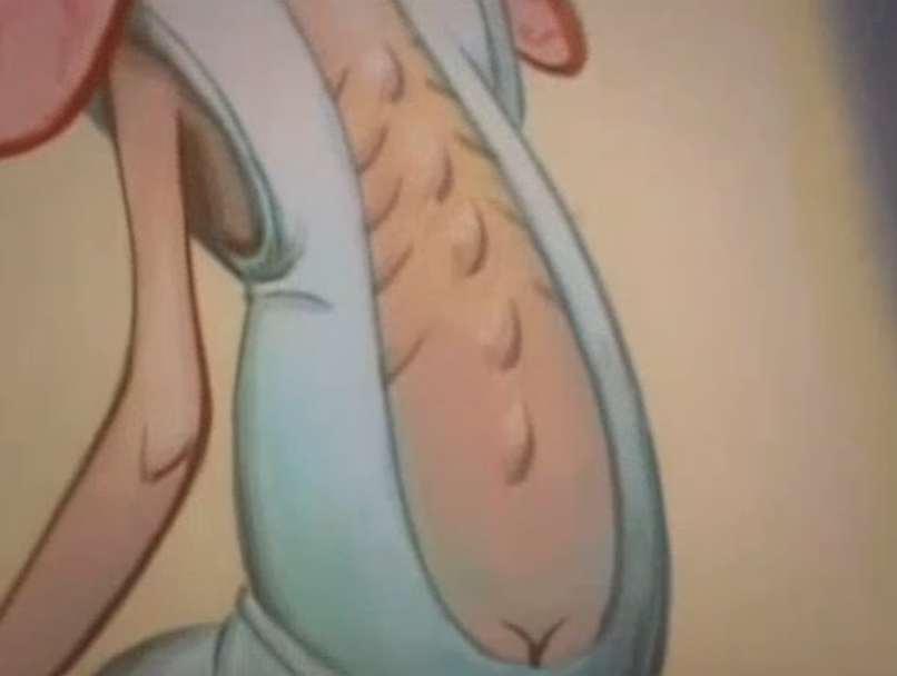 A screenshot from the cartoon The Ren and Stimpy Show. Ren is a small and hairless chihuahua dog with beige skin, pink eyes and floppy long pink ears. Stimpy is red/orange Manx cat with a white tummy and hands, wth a round blue nose and a pink tongue often hanging out of his mouth. In this screenshot we see Ren's back, he is wearing a backless white hospital style gown with his protruding spine and bum crack showing, he is slumped as though he is fed up and has no energy. 