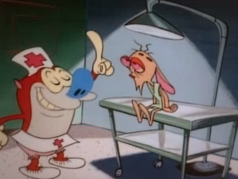 A screenshot from the cartoon The Ren and Stimpy Show. Ren is a small and hairless chihuahua dog with beige skin, pink eyes and floppy long pink ears. Stimpy is red/orange Manx cat with a white tummy and hands, wth a round blue nose and a pink tongue often hanging out of his mouth. In this screenshot we see Ren sat on a metal hospital trolley looking sad with no energy and not fully present, he has a bright metal spotlight lamp over his head shining down on him, in front of him is Stimpy in their white nurse costume with red crosses on smiling and raising a large pointed finger as if they have just the answer to all Ren's problems. 