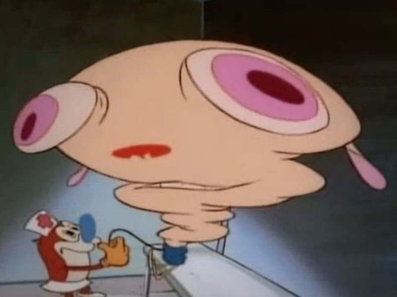 A screenshot from the cartoon The Ren and Stimpy Show. Ren is a small and hairless chihuahua dog with beige skin, pink eyes and floppy long pink ears. Stimpy is red/orange Manx cat with a white tummy and hands, wth a round blue nose and a pink tongue often hanging out of his mouth. In this screenshot we see Stimpy on the left wearing a white skirt and a white nurse's cap with a red cross on, they are holding the tube from a blood pressure testing machine, the strap is around Ren's whole body. Ren is sat on a patient