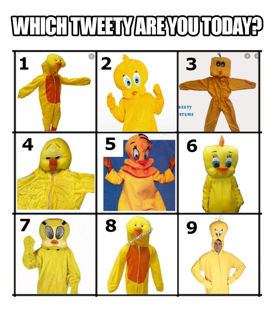 A meme with a grid presenting nine different unofficial tweety costumes. At the top it says 'which tweety are you today?' and  I would describe the costumes as follows:
1. Floating walking tweety with an elongated head and smiley face.
2. A flat faced tweety with a surprised look and hands raised.
3. a box head tweety
4. A squishy faced side eyes tweety.
5. A creepy slightly angry tweety with a comb over.
6. A cute bulbus unassuming tweety looking down like they are a bit embarrassed.
7. an intense but also somehow expressionless tweety waving one hand.
8 a smiley tweety with a long thick neck.
9. a man with a yellow onesie on and the hood is a bulbus slightly angry looking tweety head ontop of his head. He has his hands on his hips.