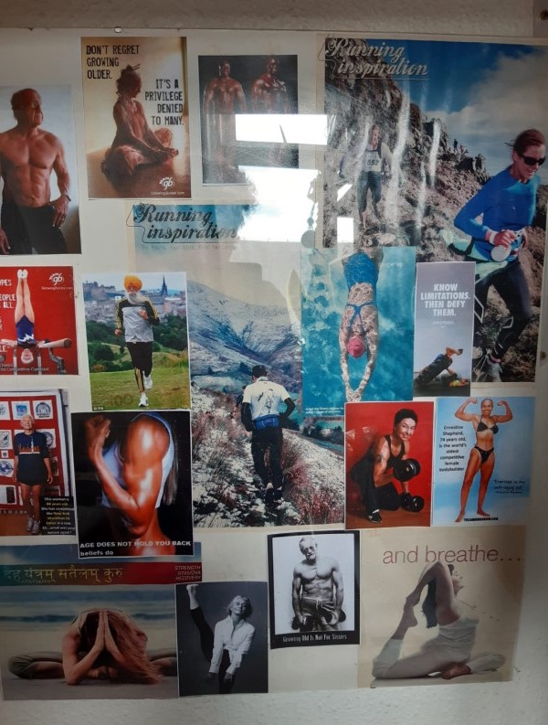 A mood board of many rectangular images that have either been cut from magazines or printed at home on a computer, arranged and put inside a clip frame. They include muscly older people doing a variety of fitness activities including yoga, body building, swimming and running. Many of them are posed with little clothing on to present their physique. Some of the images contain text, inspirational quotes from the people in the pictures and information about them, which is mostly not big or clear enough to read. Some quotes that are visible say, 'Don't regret growing older. It's a privilege denied to many' and 'Know Limitations. Then Defy Them' and 'Age Does Not Hold You Back'.   
