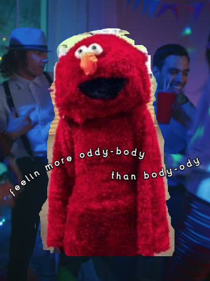 A portrait format edited image and meme. In the background a houseparty is happening, people are dancing, smiling and drinking washed in purple light with green neon twinkly lights dotted around. Central is a poorly cut out image of an unofficial Elmo mascot. It is large, red, furry, saggy and slumped slightly to one side with his eyes gazing up vacantly and his mouth hanging wide open. Over the top is some arched white text with black background which says 'feelin more oddy-body han body-ody'.
