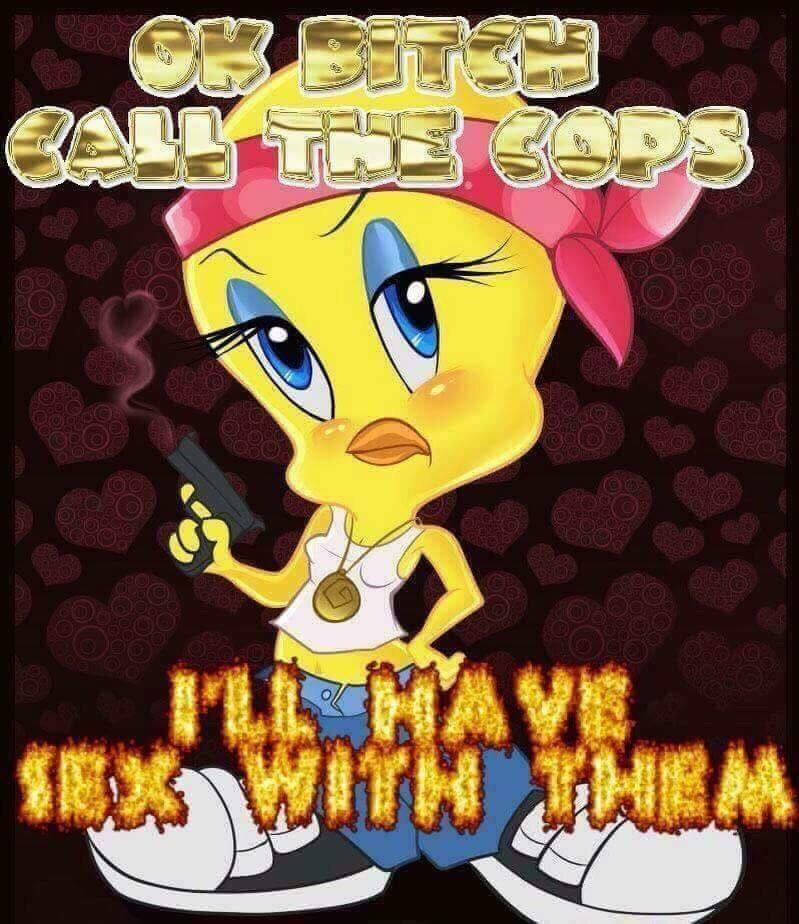 A meme with a black background with transparent red hearts, overlaid is an image of tweety bird, a small cartoon yellow bird from Looney Tunes. They are wearing a red bandana, a white vest, gold necklace and baggy blue jeans with black and white sneakers. Their facial expression and slouched body gives the impression that they are confident. Their left arm is on their hip and their right hand holds up a smoking gun. At the top of the image is bold capitalised shiny text with a white background that says 'OK BOTCH CALL THE COPS'. At the bottom of the image is capitalised fire flame writing that says 'I'LL HAVE SEX WITH THEM'. 