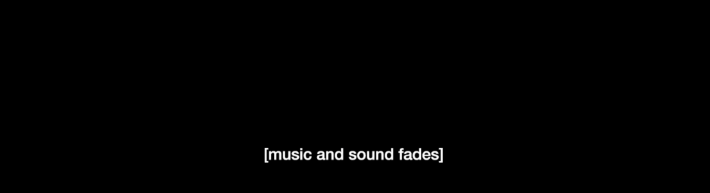 Black screen with white font subtitle at the bottom [music and sound fades]