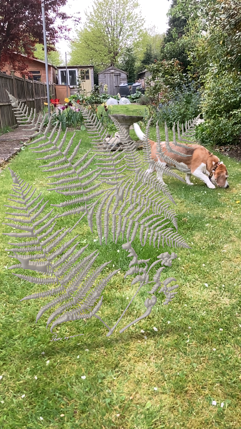 Photo of one of the Adobe Illustrator works with a garden behind and a dog in the distance. 