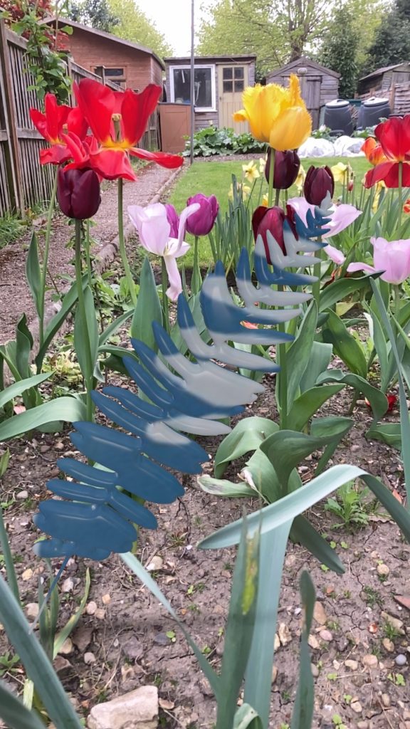 One of Anna Atkins leaves created in Adobe Illustrator and Vectary with the Anna Atkins print used as a material. Photo is of the leaf placed in a bed of dying tulips. 