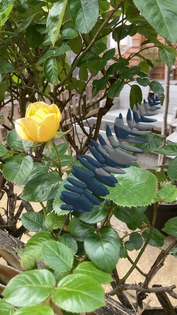 One of Anna Atkins leaves created in Adobe Illustrator and Vectary with the Anna Atkins print used as a material. Photo is of the leaf placed in a rose bush with one tiny yellow rose that is currently growing.