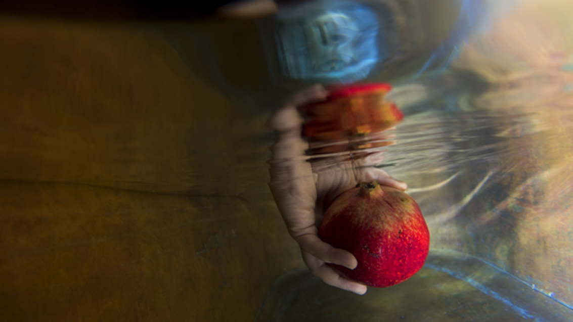 A self portrait with fruit. 
This image is an underwater image. 
The view is under the surface where you can see the reflection of the skin of the water as well as underneath its surface. 
There is a light skinned hand holding a full red and light brown pomegranate. The hand and pomegranate are fully submerged into the water, cut off by the skin of the water just below where the land meets the wrist. 
The body of water holds borders of coppers, oranges, yellows, and blues.
The reflective skin at the top sees rippled yet mirrored images of the body underneath it.