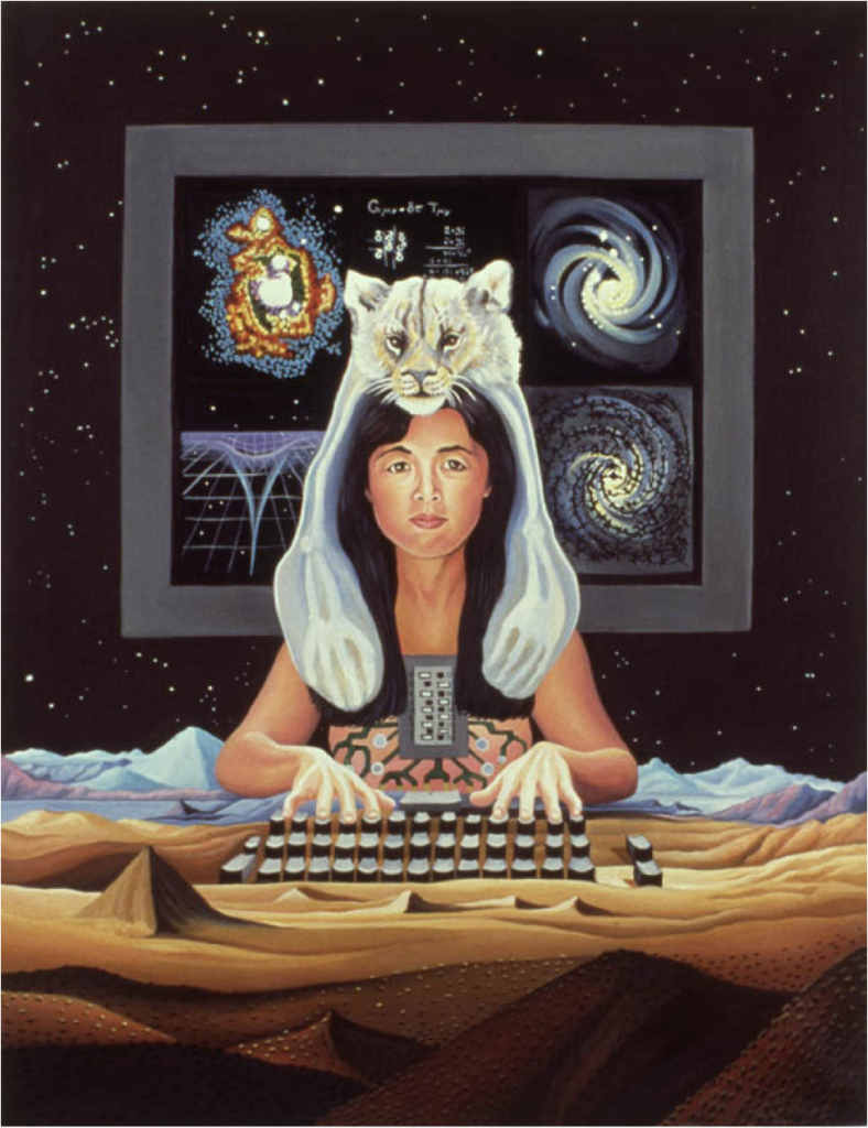Lynn Randolph made this painting in collaboration with Donna Haraway: "So I placed my human-computer/artist/writer/shamans/scientist in the center and on the horizon line of a new canvas. I put the DIPswitches of the computer board on her chest as if it were a part of her dress. A giant keyboard sits in front of her and her hands are poised to play with the cosmos, words, games, images, and unlimited interactions and activities. She can do anything. The computer screen in the night sky offers examples. There are three images that graphically display different aspects of the same galaxy, using new high-technological imaging devices. Another panel exhibits a diagram of a gravity well. The central panel offers mathematical formulas, one from Einstein and the other a calculation found in chaos theory. In the same panel a game of tic-tac-toe has been played using the symbols for male and female and the woman has won. The foreground is a historical desert plain replete with pyramids, implying that the cyborg can roam across histories and civilizations and incorporate them into her life and work. Finally I placed the shamanic headdress of a white tigress spirit on her head and arms. The paws and limbs of the tigress reveal its skeleton. They both look directly at the viewer. The underlying intent was to create a figure that could visually do what Haraway was describing as the potential for re-figuring our consciousness."