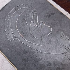 Etching in gray on metal plate
