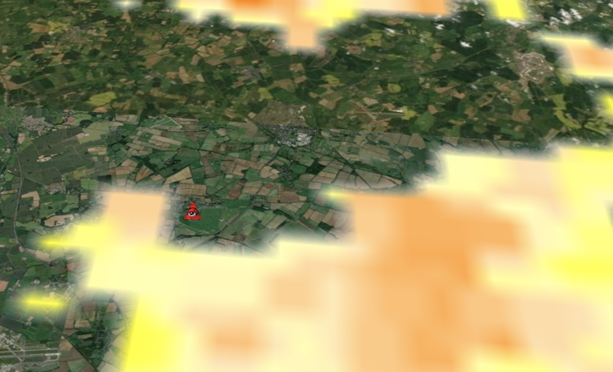 Larger areas of the satellite image are obscured with yellow and orange patches