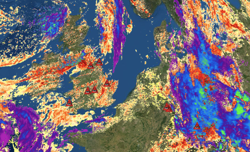 A satellite image plus patches of orange, yellow, blue, purple and green to show cloud density