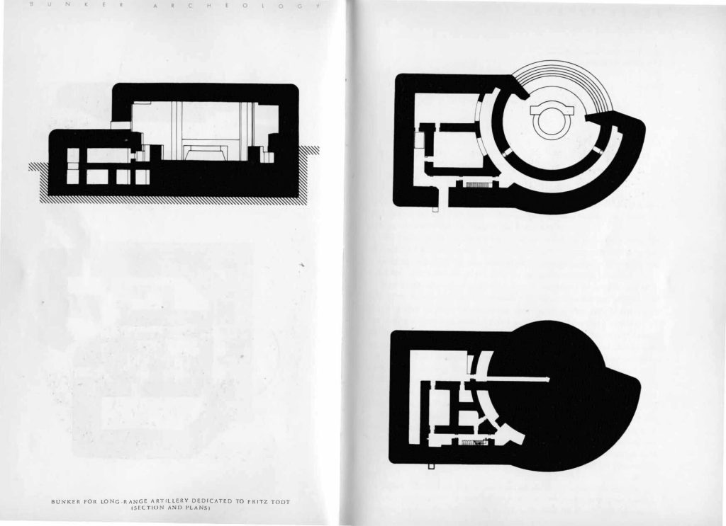 Sketchbook plans from Virilio's text that show architectural plans of bunkers from above and the side.
