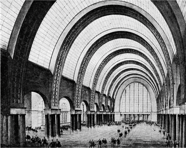 This is a black and white image of an architects sketch. It shows an exaggerated and large imagination of what a station could be. It shows an enormous vaulted high-ceiling in tiled segments. Each segment meets the ground with a clump of four neo-classic style columns. The sketch shows some people but its main feature is its rounded ceiling.  