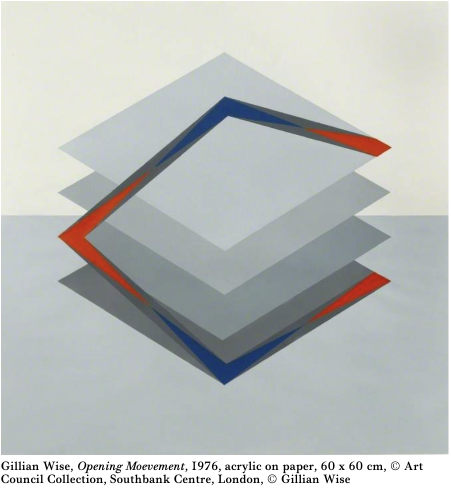 This is an image of the work Opening Movement by Gillian Wise produced in 1976. It is a painting on paper with acrylic. The background of the image is split horizontally with the lower half painted grey and the upper half creme. In the foreground is an abstract image made of four tilted grey squares descending downward. Connecting them at an odd angle is a blue and red frame. It is as if the simple framed square is springing upward off of its flat back.
