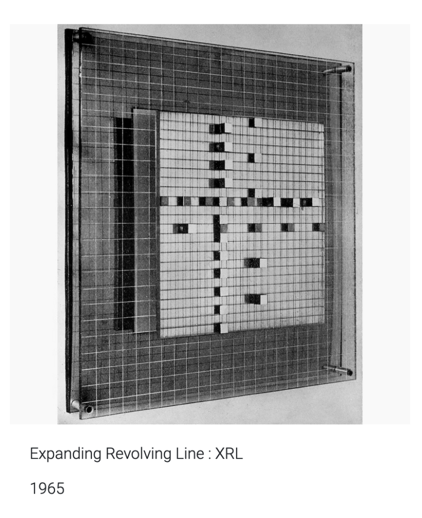 This is a black and white image of an artwork by Gillian Wise called Expanding Revolving Line: XRL produced in 1965. It shows two large rectangular pieces, laid over each other with a few centimeters between. The outer is a glass grid that further holds a square metal sheet. Within the square metal sheet, smaller metal squares are lifted onto the surface giving the work a three-dimensional quality. The work is stark and simple, seeming at times like a game but potentially also like a map.