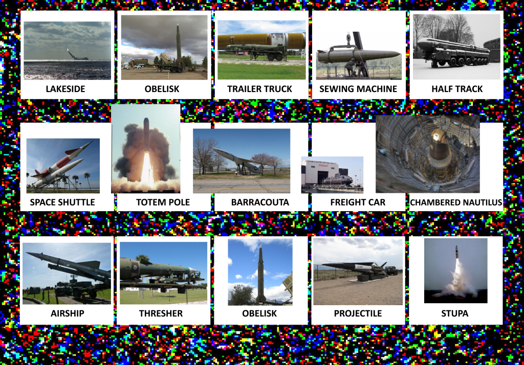 A grid of photos showing various nuclear missiles but which have been labelled as sewing machines, trailer trucks, obelisks and other names by an image recognition AI. The background is colourful and pixelated.