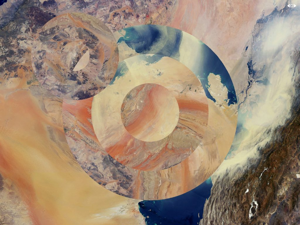 A peach and blue tinted satellite image broken up into concentric circles.