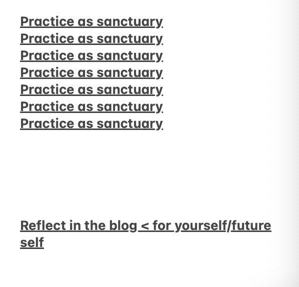 This image is a screenshot of notes taken while in a meeting for the residency itself. It shows the phrase "Practice as sanctuary" written down seven times underlined. Below it is the statement "Reflect in the blog for yourself/future self."