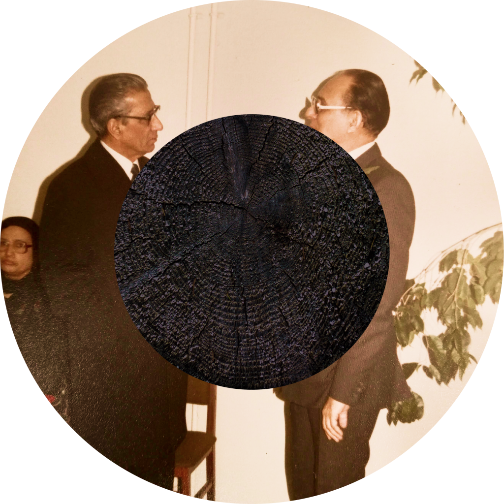 An old circular photograph shows two stern, old brown men, in their 50s, both wearing glasses sizing each other up. Both are suited looking smart and they are both grandfathers of the artist. Obscuring the centre of the image is a perfect circle. It is filled with the texture of a chopped tree trunk but blackened to approximate the Syahi, the centerpoint of the tabla.