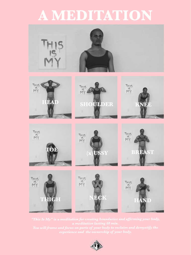Shade of pink background. "A Meditation" at the top of the image. Below 10 Black and White images. A black transgender artist is in all these images. Names of body parts are in white in the middle of the images. 