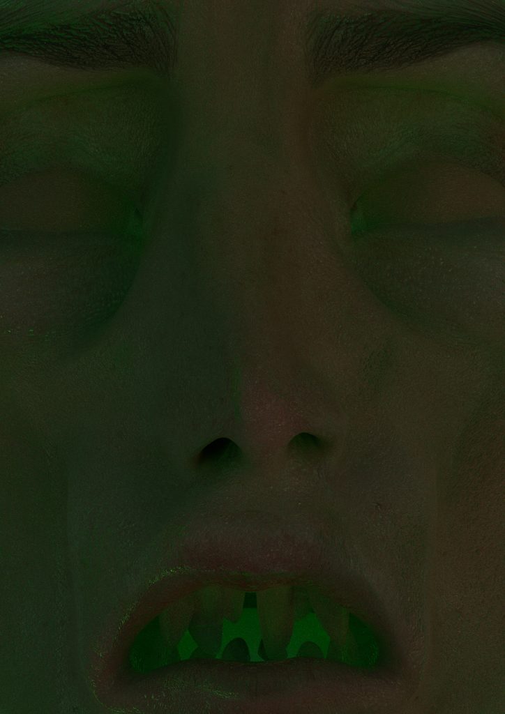 a close up of a computer generated character, The face has a gaunt appearance, with oddly shaped teeth. The face seems to have a subtle green glow.