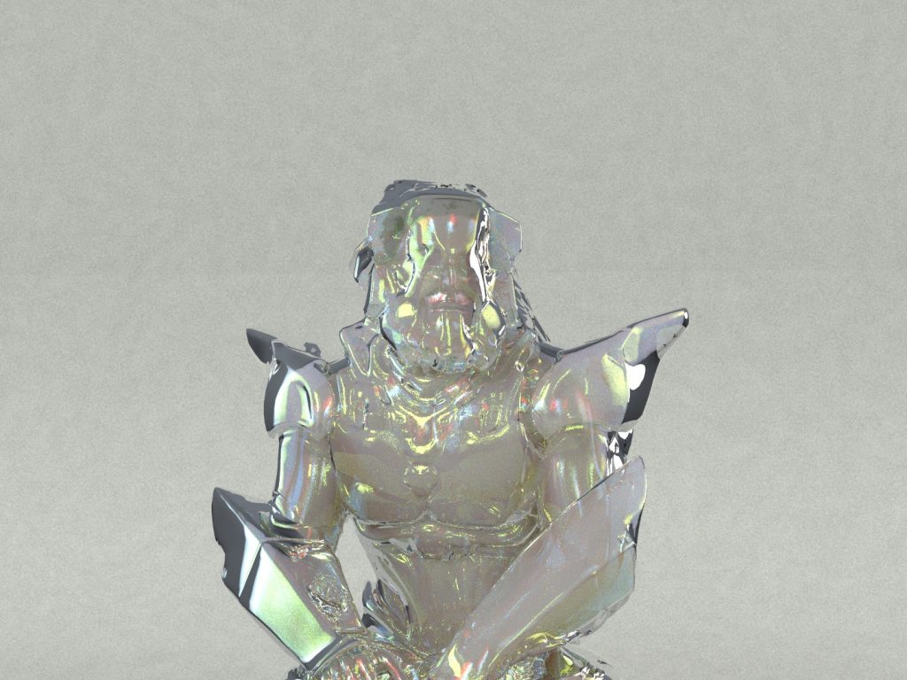 A crystal-like pearlescent figure with a shiny surface with pointy shoulders and elbows. 