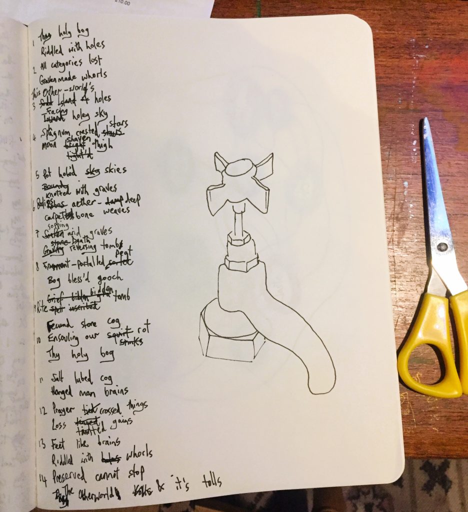 A photograph of a sketch book page showing the editing process for the poem that is read in the audio file accompanying this post. The page has lots of crossings out all over it on the left-hand side of the page, and on the right is a simple line drawing of a tap. Also in the frame of the photo we can see the sketchbook is on a wooden table that has a couple of long scratches in it, and a few flecks of paint, and a pair of scissors with yellow handles are sat on the desk to the right of the sketchbook.