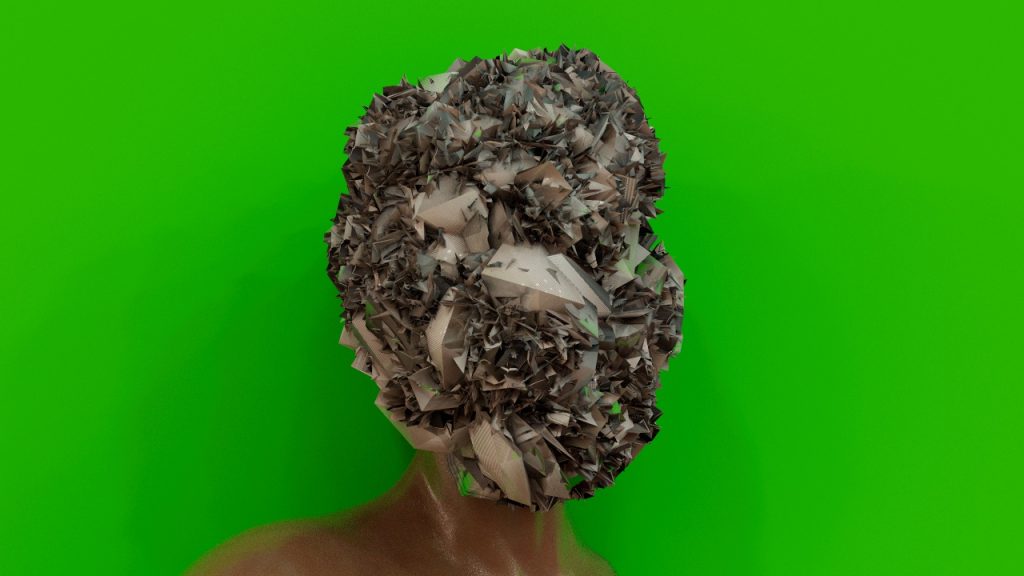 an image of a bust of a computer generated figure infront of a green background, their face is is covered in a mess of polygons, the polygons are grey and seem to consume their facial features entirely